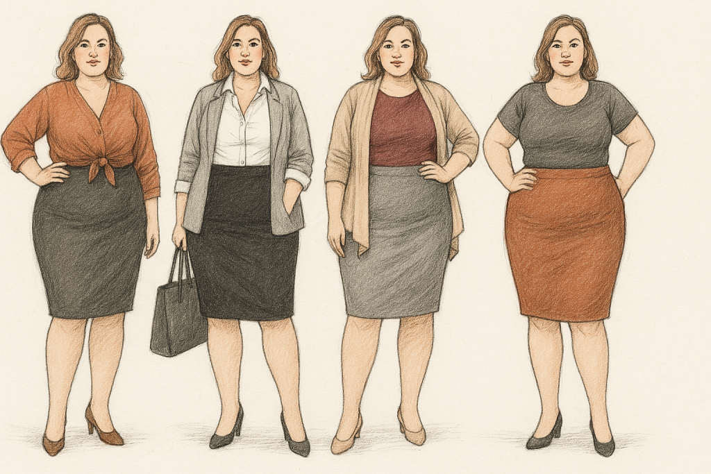 Confident woman styling a pencil skirt in a flattering and chic way for her body shape