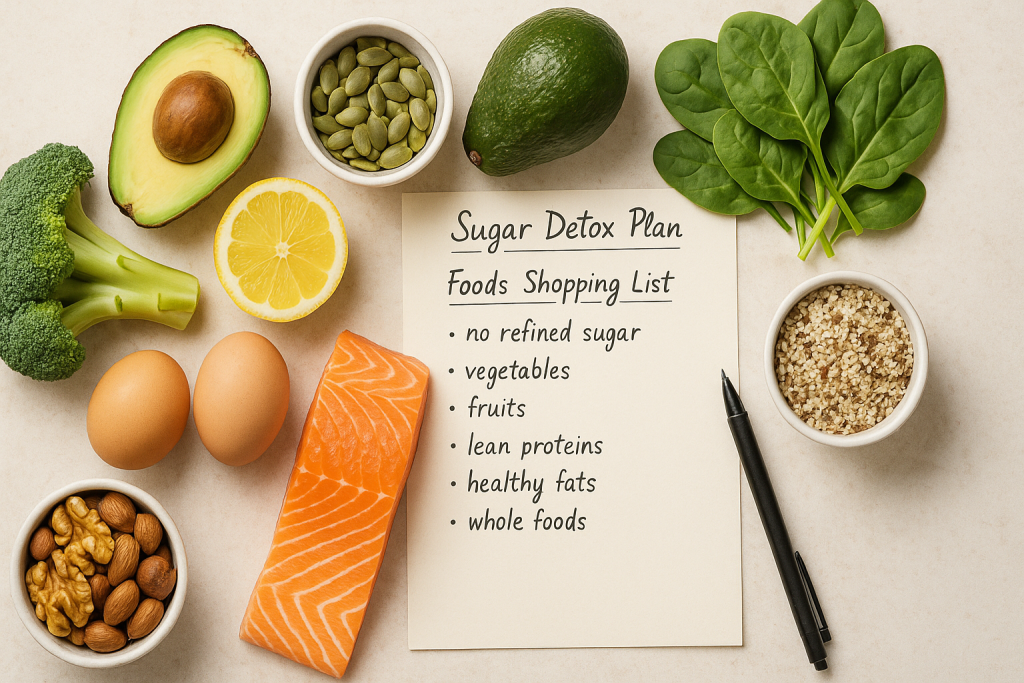 Healthy sugar detox meal plan with fresh groceries and clean eating ingredients