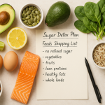 Healthy sugar detox meal plan with fresh groceries and clean eating ingredients