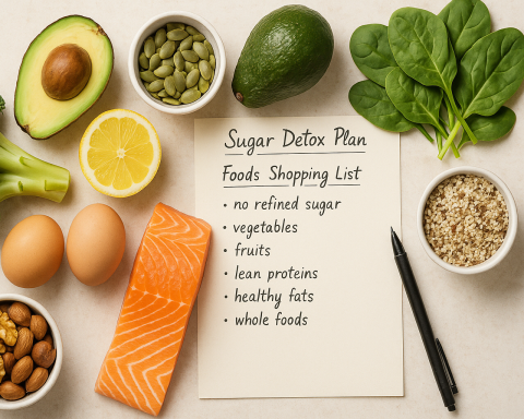 Healthy sugar detox meal plan with fresh groceries and clean eating ingredients