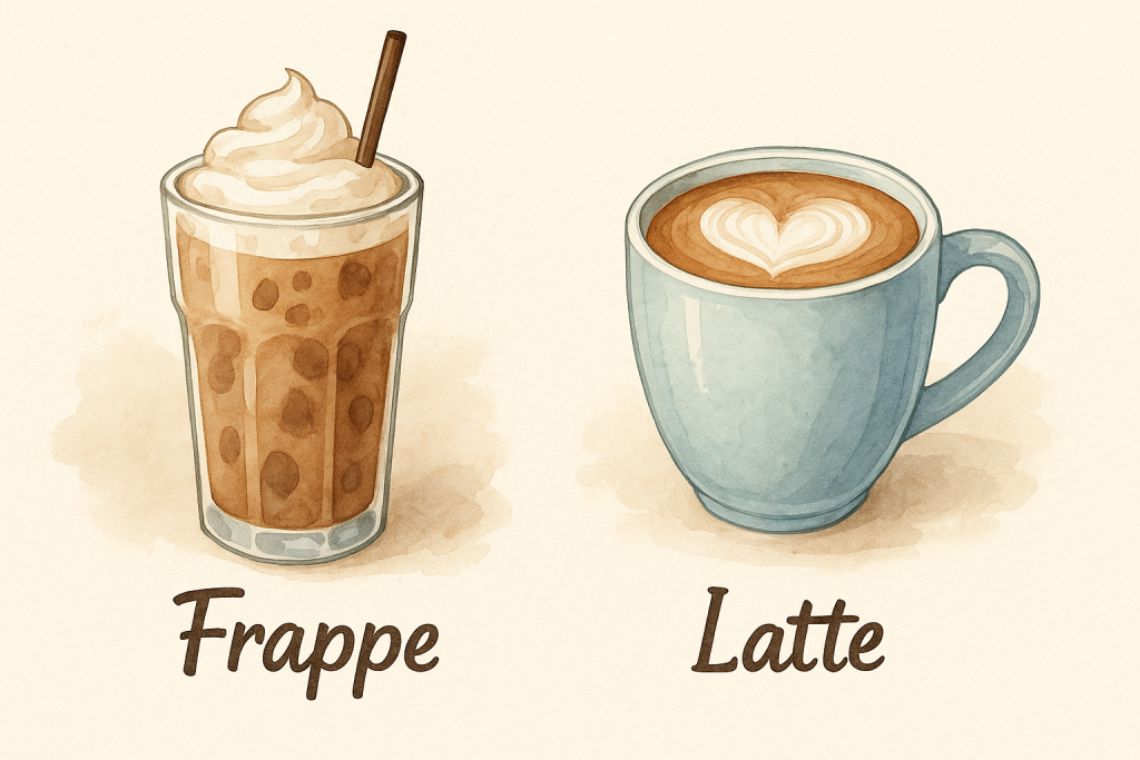 Frappe and latte side by side showing the main differences in texture, milk, and preparation