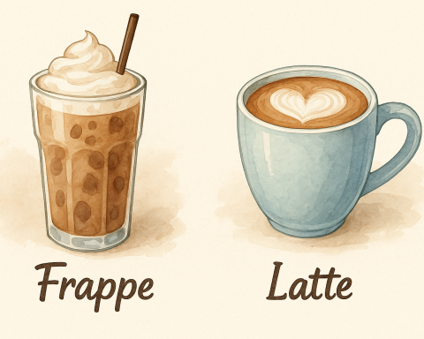 Frappe and latte side by side showing the main differences in texture, milk, and preparation