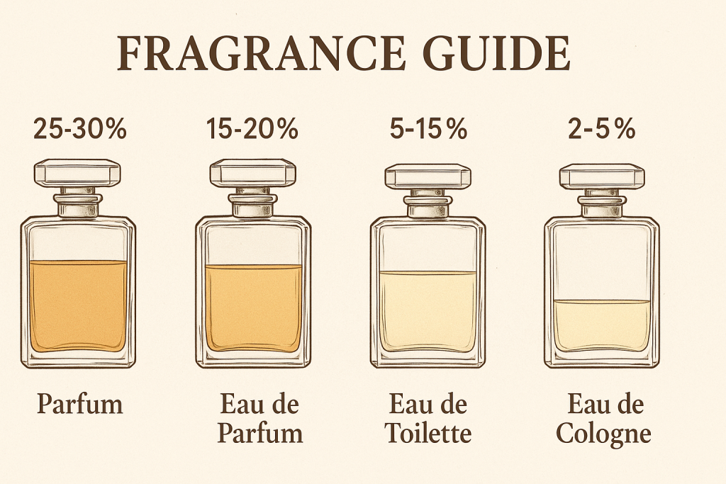 Different perfume levels and fragrance concentrations from eau de cologne to parfum