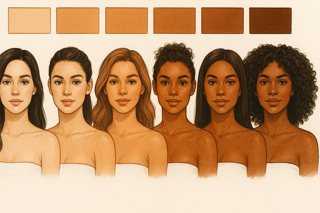 Skin tan chart showing different tanning shades for various skin tones and undertones