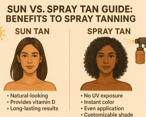 Spray tanning session showing smooth, even sunless tan results on glowing skin