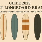 Top longboard surfboards lined up on the beach under the sun