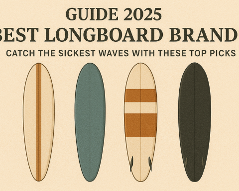 Top longboard surfboards lined up on the beach under the sun