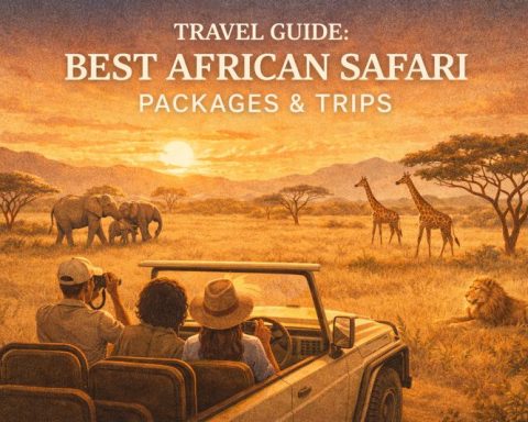 African safari landscape featuring wildlife and luxury safari vehicles