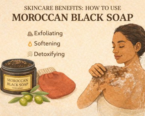 Moroccan black soap used for deep cleansing and exfoliation in a traditional hammam routine