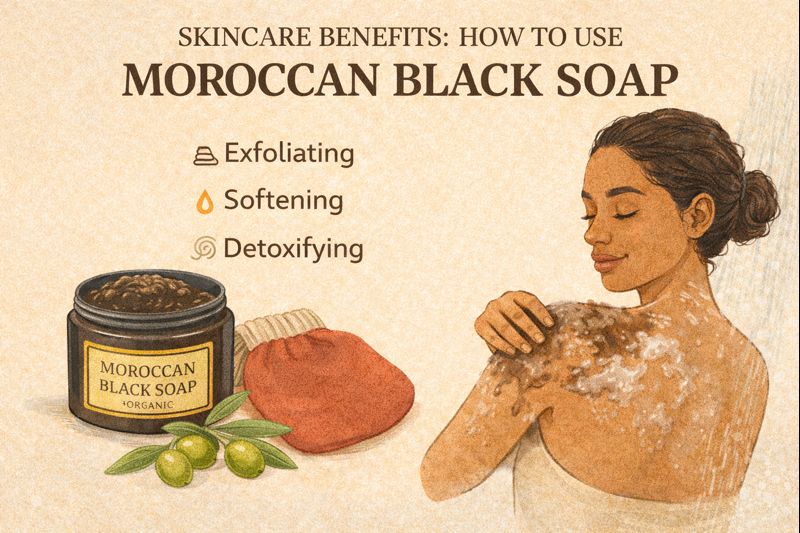Moroccan black soap used for deep cleansing and exfoliation in a traditional hammam routine