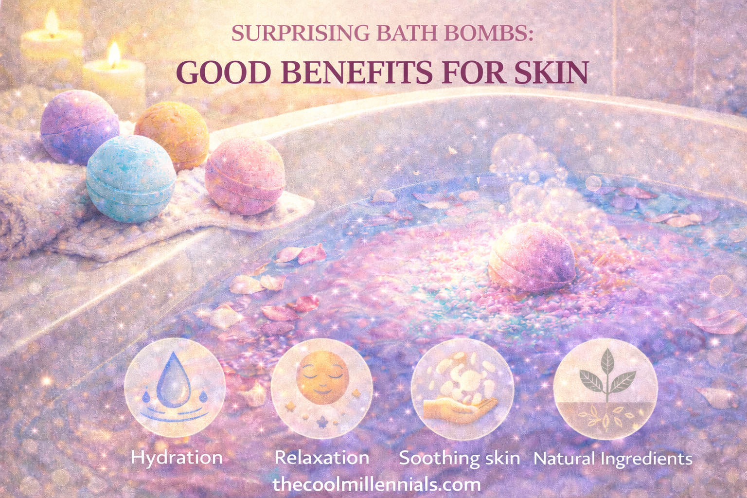 Colorful bath bombs dissolving in warm water with skin-nourishing ingredients