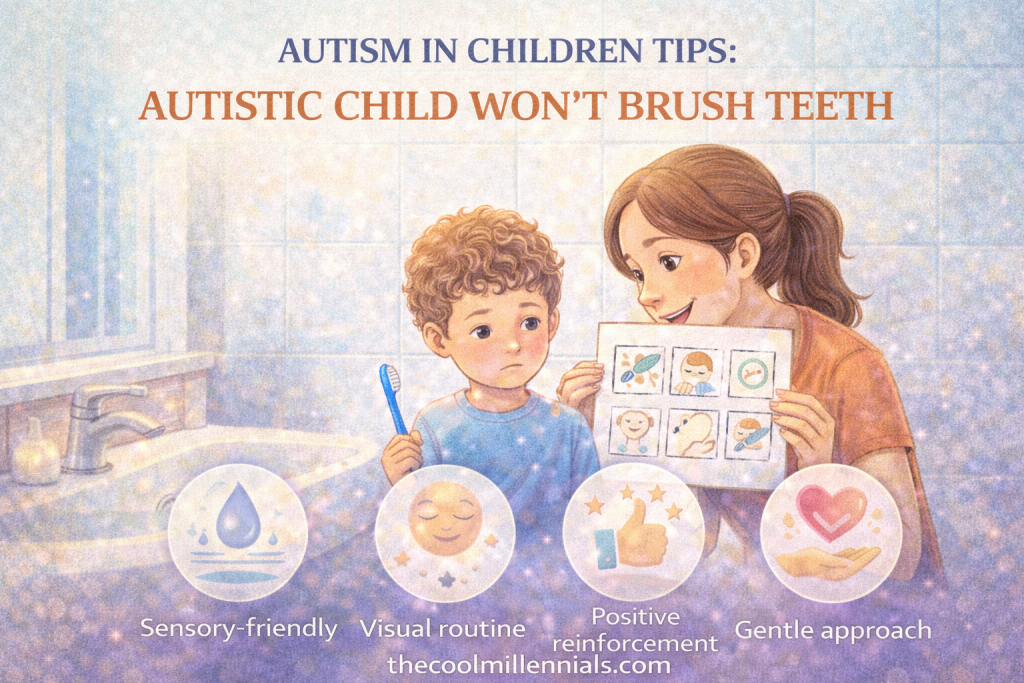 Parent helping an autistic child with tooth brushing using gentle and sensory-friendly techniques
