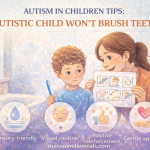Parent helping an autistic child with tooth brushing using gentle and sensory-friendly techniques
