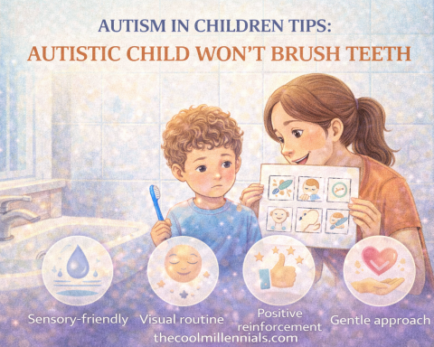 Parent helping an autistic child with tooth brushing using gentle and sensory-friendly techniques