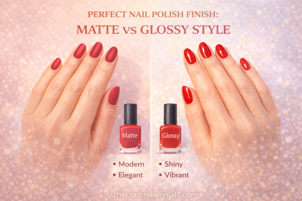 Matte vs glossy nail polish finish comparison showing two manicure styles