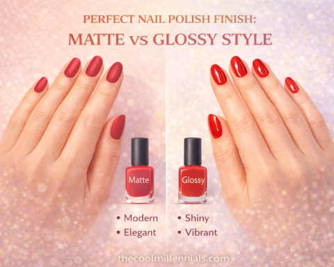 Matte vs glossy nail polish finish comparison showing two manicure styles