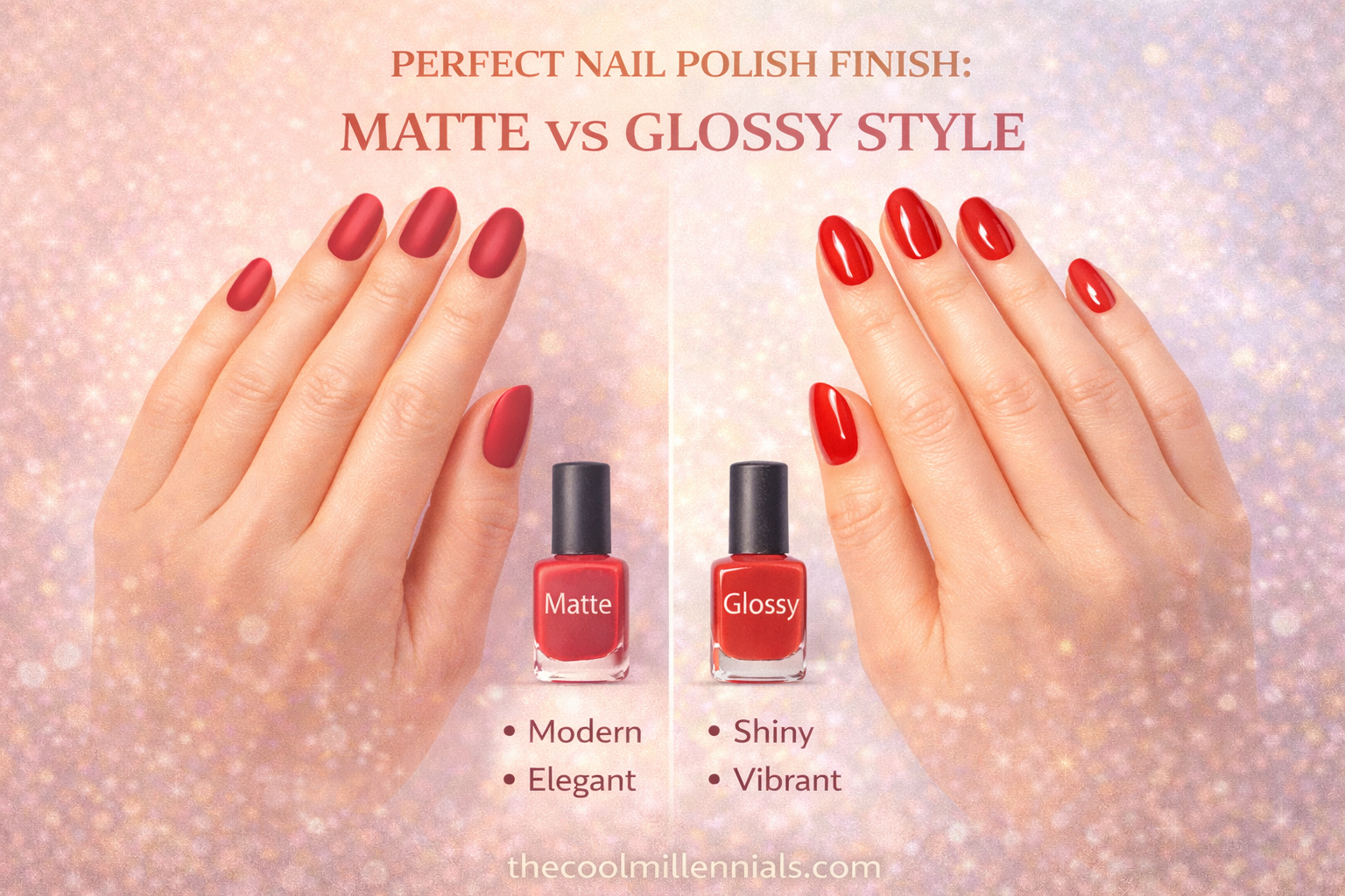 Matte vs glossy nail polish finish comparison showing two manicure styles