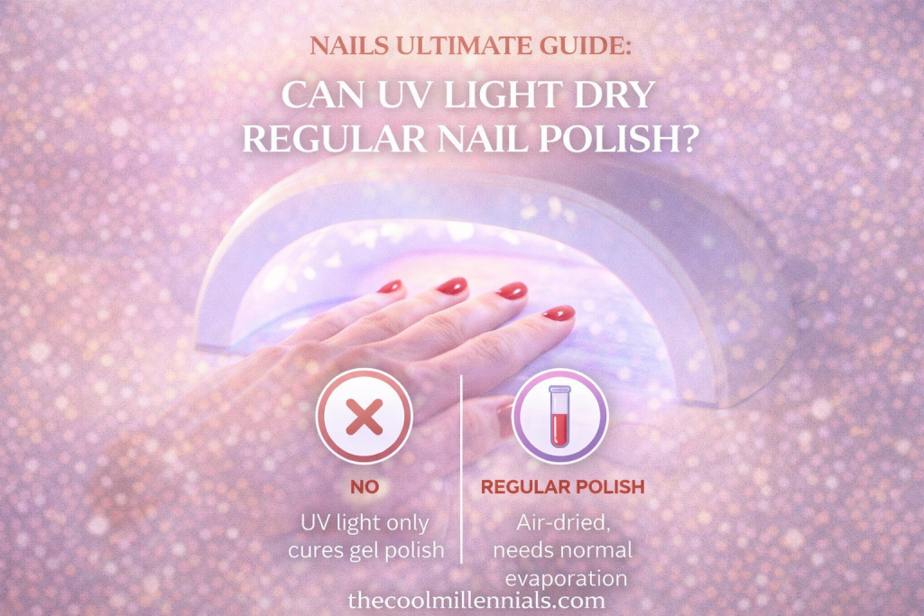 UV nail lamp used to dry nail polish and comparison with regular polish drying process