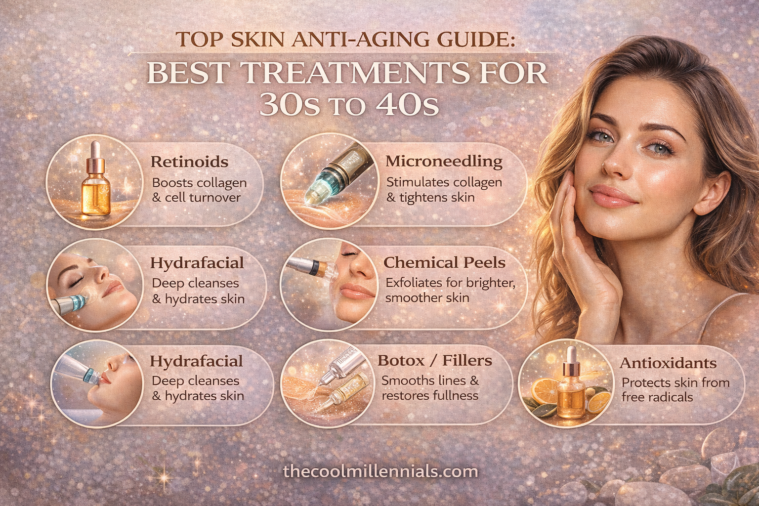 Anti-aging skincare treatments for women in their 30s and 40s targeting fine lines and glowing skin