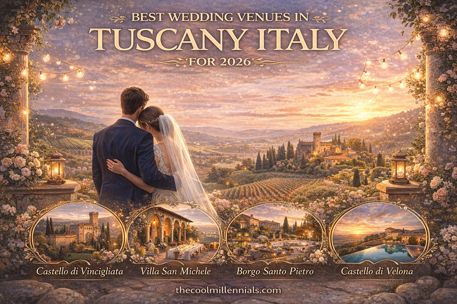 Romantic wedding venue in Tuscany with vineyards and rolling hills in Italy