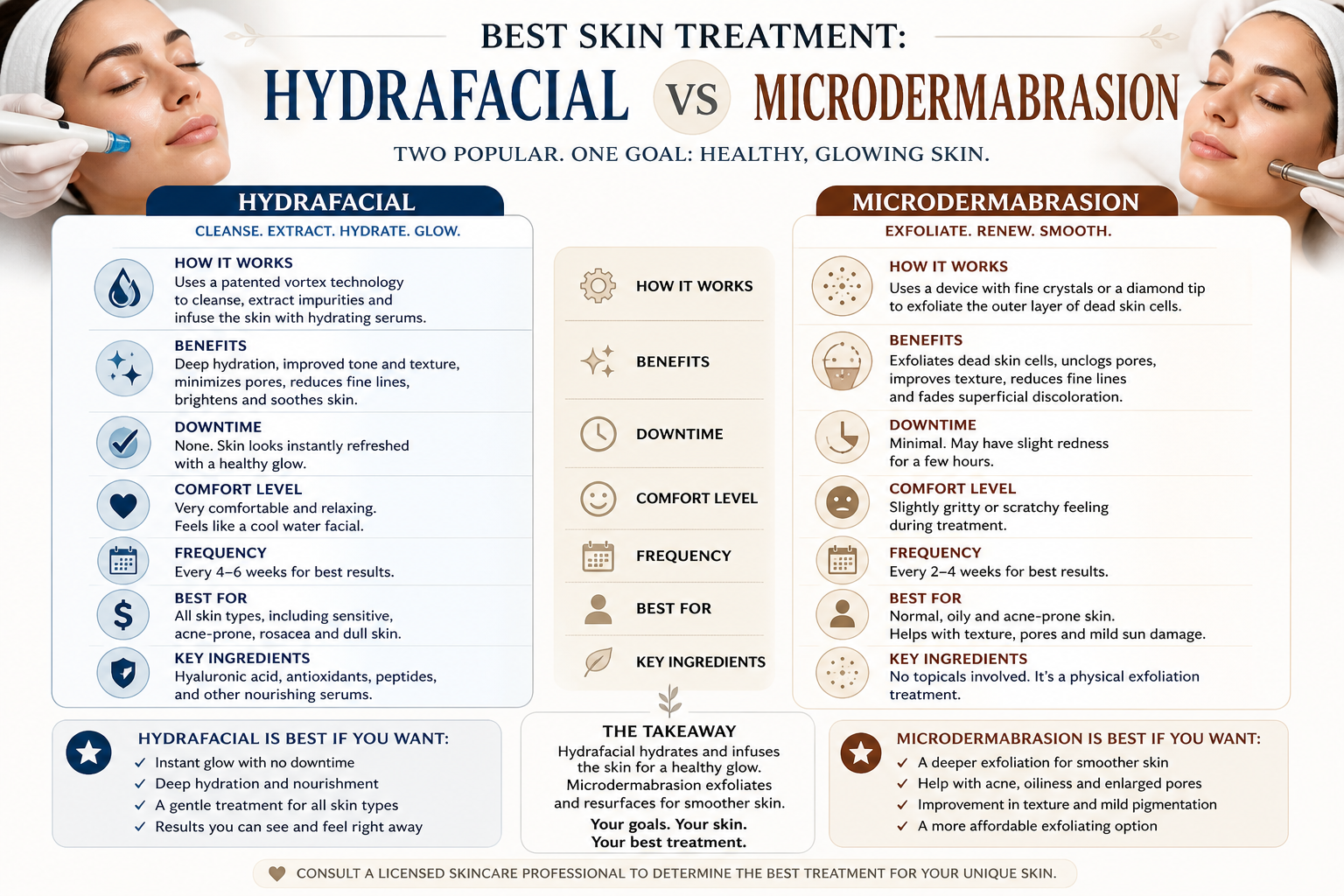 Hydrafacial vs microdermabrasion comparison showing two facial skin treatments for glowing skin