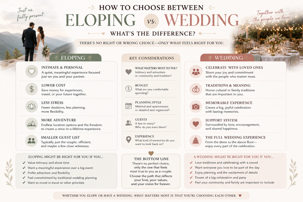 Elopement vs traditional wedding comparison showing intimate ceremony and large celebration