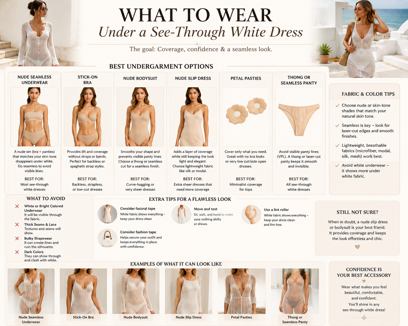 Styling solutions and undergarments for wearing a see-through white dress confidently