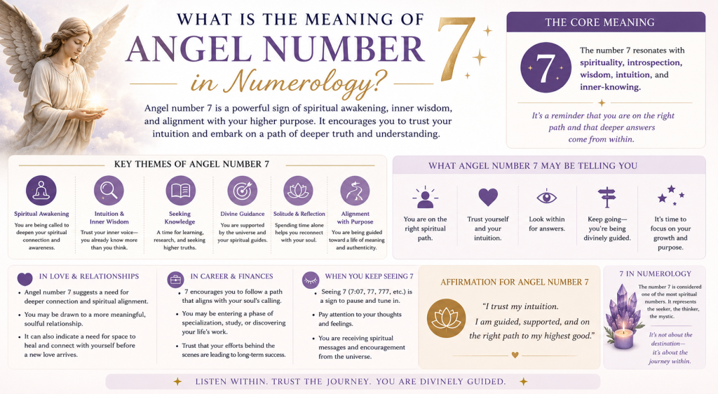 Angel number 7 symbolizing spiritual awakening, wisdom, and divine guidance in numerology