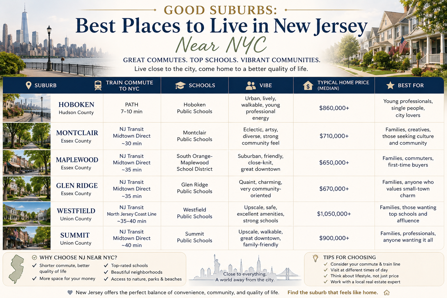 Best suburbs in New Jersey near NYC with residential neighborhoods and easy commute